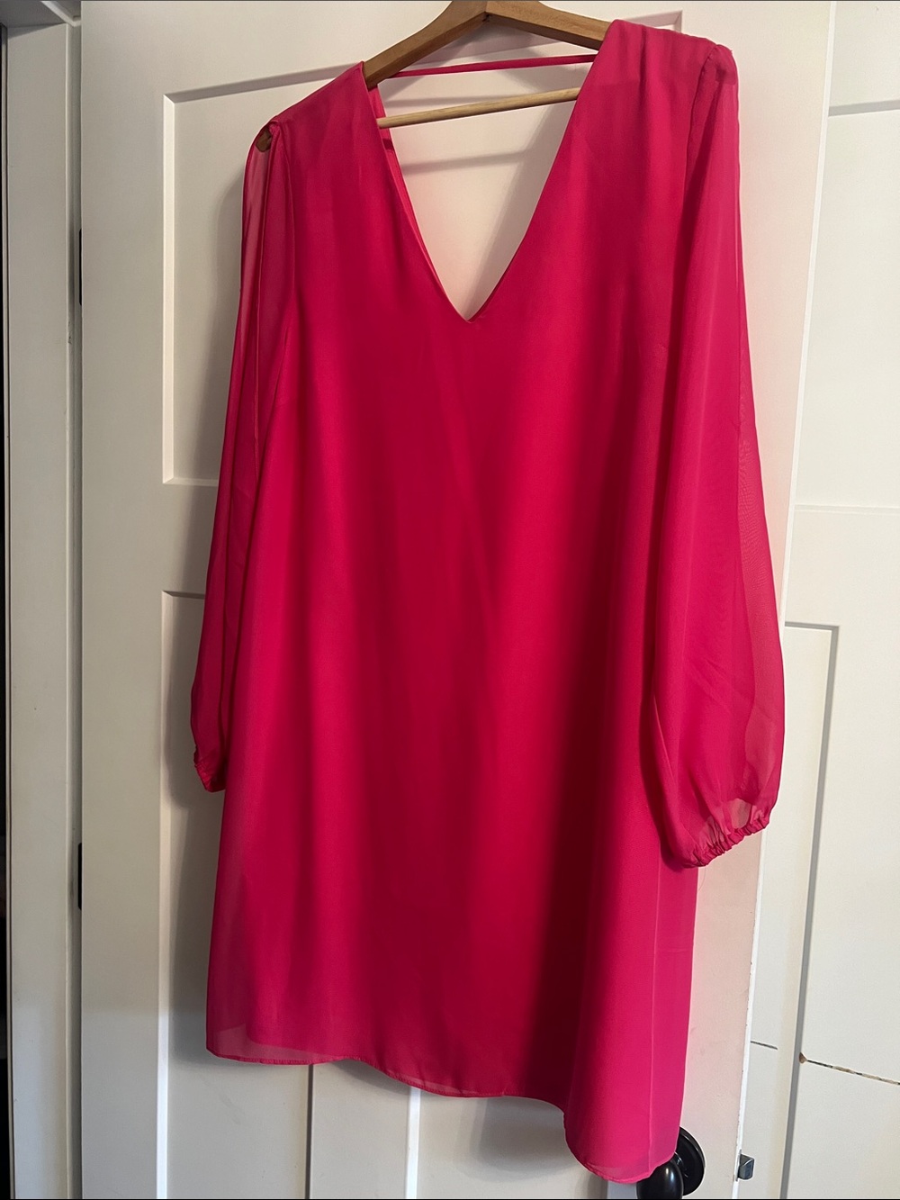 cleo Bold Pink V-Neck Shift Dress with Sheer Long Sleeves